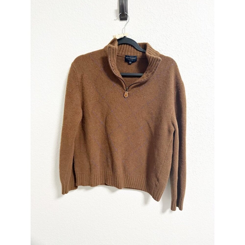 Scott Barber Mens Merino Wool 1/4 Zip Sweater‎ Argyle Knit Pullover Brown L